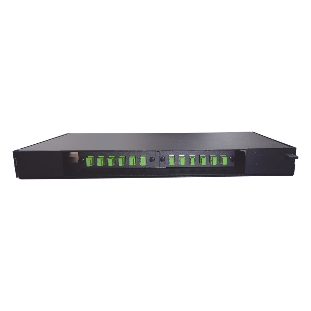 Patch panel de 12 puertos de 1u, incluye pigtails, adapters plates y splice tray