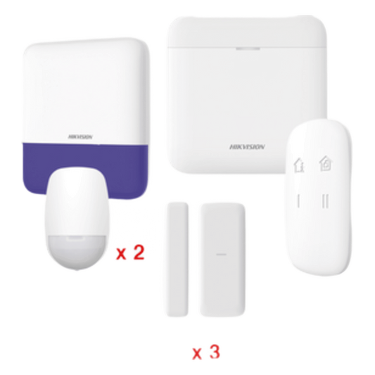 (AX PRO) KIT de Alarma AX PRO / Incluye: 1 Hub con batería de respaldo / 2 Sensores PIR / 3 Contactos Magnéticos mini / 1 Control Remoto / 1 Sirena Inalambrica Exterior  / WiFi / Compatible con Hik-Connect P2P