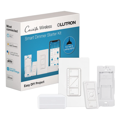 Kit de inicio Caseta Wireless con hub Smart Bridge, atenuador de pared, control Pico y placa Claro para controlar la iluminación desde la app Lutron