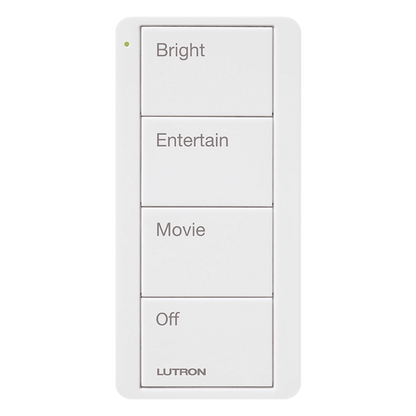 Control Pico inalámbrico de 4 botones con escenas grabadas para sala (Bright, Entertain, Movie y Off), compatible con Caseta Wireless y RA2 Select, blanco brillante