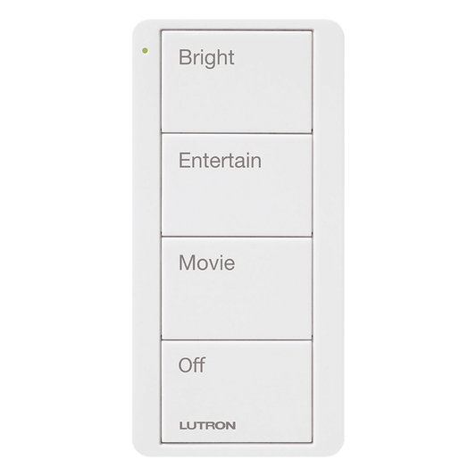 Control Pico inalámbrico de 4 botones con escenas grabadas para sala (Bright, Entertain, Movie y Off), compatible con Caseta Wireless y RA2 Select, blanco brillante