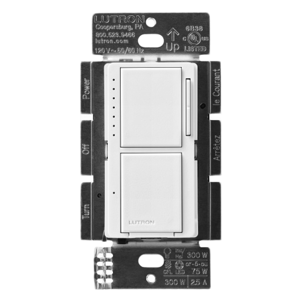Dimmer y apagador combinados de pared, 300 W incandescente/halógena o 75 W LED/CFL, apagador 300 W / 2.5 A, sin cable neutro, línea Lutron Maestro