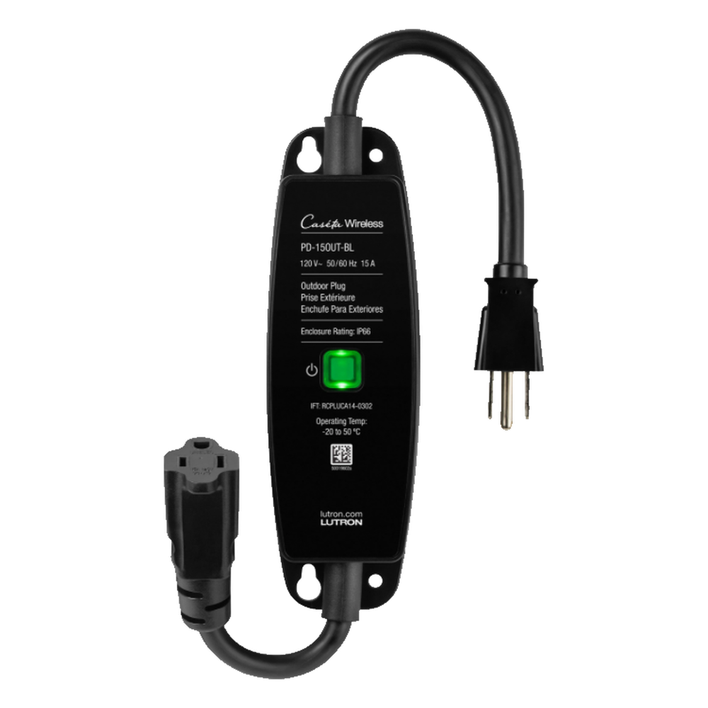 Enchufe inteligente para exteriores de 120 V y 15 A para iluminación y motores de 1/2 HP, con control Pico directo o app y geovallado mediante Smart Bridge, Caseta Wireless