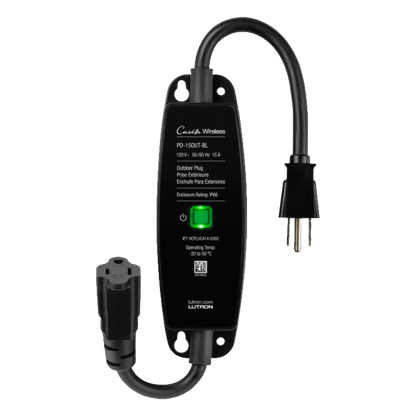 Enchufe inteligente para exteriores de 120 V y 15 A para iluminación y motores de 1/2 HP, con control Pico directo o app y geovallado mediante Smart Bridge, Caseta Wireless