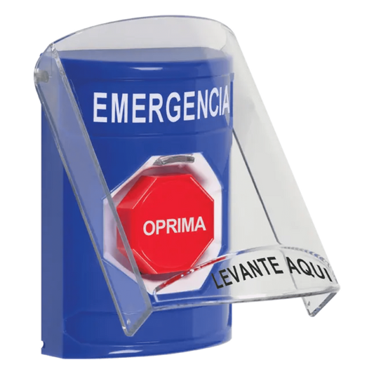 Botón Multipropósito, Color Azul, De Superficie, Con Tapa De Policarbonato, Sin Bocina Pre Alarma, Solo Interior, Llave Para Restablecer, Texto De Emergencia, Español
