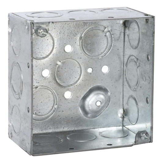 Caja Cuadrada Galvanizada  de 4" x 4", profundidad de 2 1/8". Cuenta con 10 KO de 1/2" y 6 TKO (1/2" - 3/4"))
