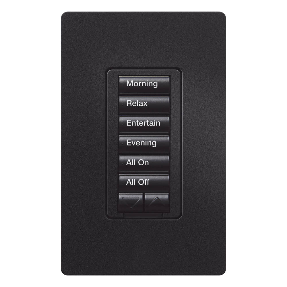 Teclado de pared seeTouch de 6 botones más subir y bajar, retroiluminado, para control de luces y cortinas por escenas en sistemas RadioRA 2, color negro