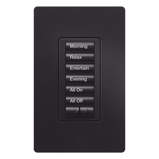 Teclado de pared seeTouch de 6 botones más subir y bajar, retroiluminado, para control de luces y cortinas por escenas en sistemas RadioRA 2, color negro