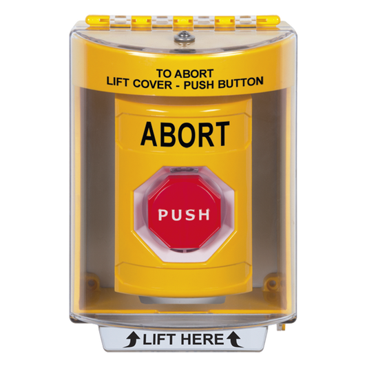 Botón de Abortar, Texto en Ingles, Tapa Protectora de Policarbonato Súper Resistente, Momentaneo