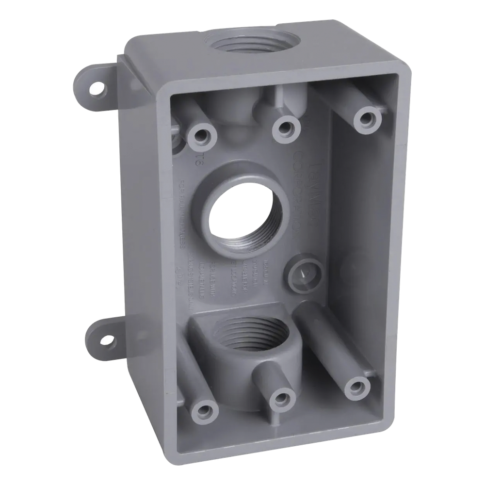 Caja Impermeable de 1 Gang / Profundidad de 2 Pulgadas (5.08 cm) / Cuenta con 3 Salidas Roscadas para Tubería de 1/2 Ó 3/4 / Color Gris