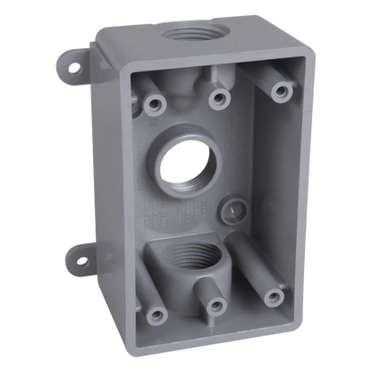 Caja Impermeable de 1 Gang / Profundidad de 2 Pulgadas (5.08 cm) / Cuenta con 3 Salidas Roscadas para Tubería de 1/2 Ó 3/4 / Color Gris