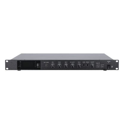 Amplificador de Audio | 1 canal | 350 W | Sistema 100V y Baja Impedancia | 4 Entradas de Micrófono Balanceadas | Bluetooth | USB | SD | FM | Montaje en Rack