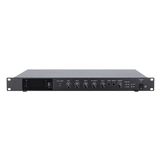 Amplificador de Audio | 1 canal | 350 W | Sistema 100V y Baja Impedancia | 4 Entradas de Micrófono Balanceadas | Bluetooth | USB | SD | FM | Montaje en Rack