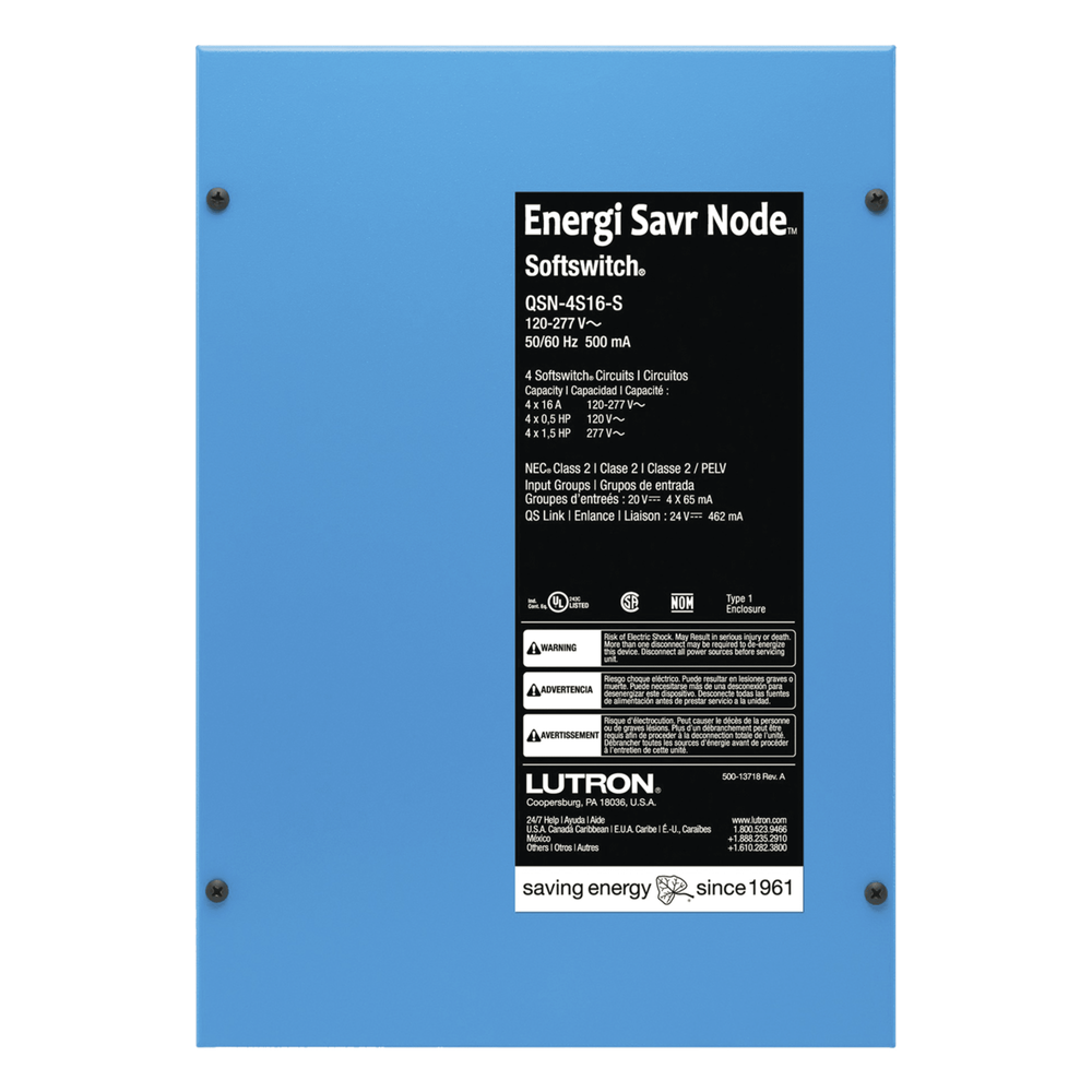 Controlador de iluminación Energi Savr Node con Softswitch, 4 zonas de conmutación de 16 A por canal, 120-277 V, montaje en superficie, para sistemas QS