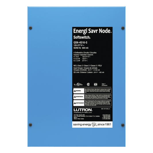 Controlador de iluminación Energi Savr Node con Softswitch, 4 zonas de conmutación de 16 A por canal, 120-277 V, montaje en superficie, para sistemas QS