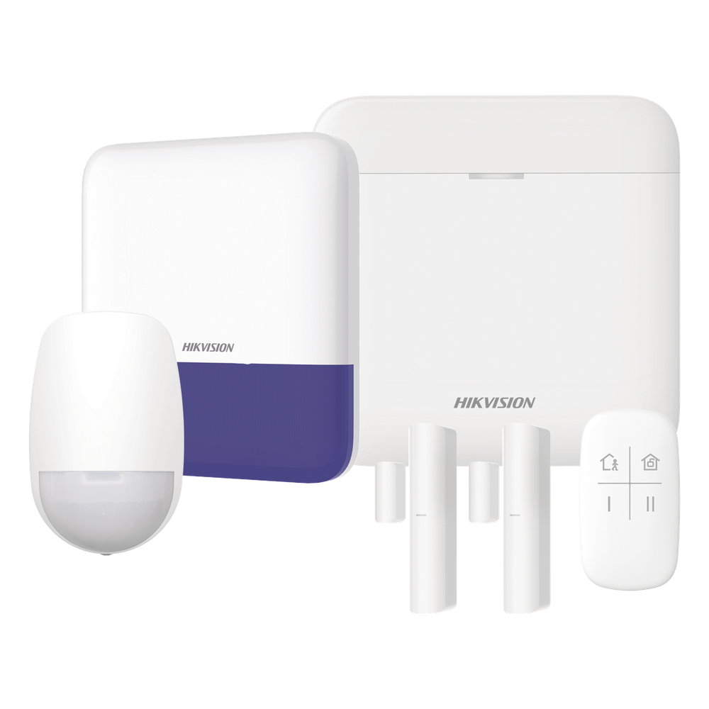 (AX PRO) KIT de Alarma AX PRO con GSM (3G/4G) / Incluye: 1 Hub con bateria de respaldo / 1 Sensores PIR / 2 Contactos Magnéticos / 1 Control Remoto / 1 Sirena Inalambrica Exterior / WiFi / Compatible con Hik-Connect P2P