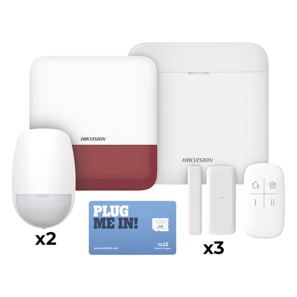 (AX PRO) KIT de Alarma AX PRO con GSM (3G/4G), Wi-Fi y Ethernet / Incluye: 1 Hub  con batería de respaldo / 2 Sensores PIR / 3 Contactos Magnéticos Slim / 1 Control Remoto / 1 Sirena Roja Inalambrica Exterior