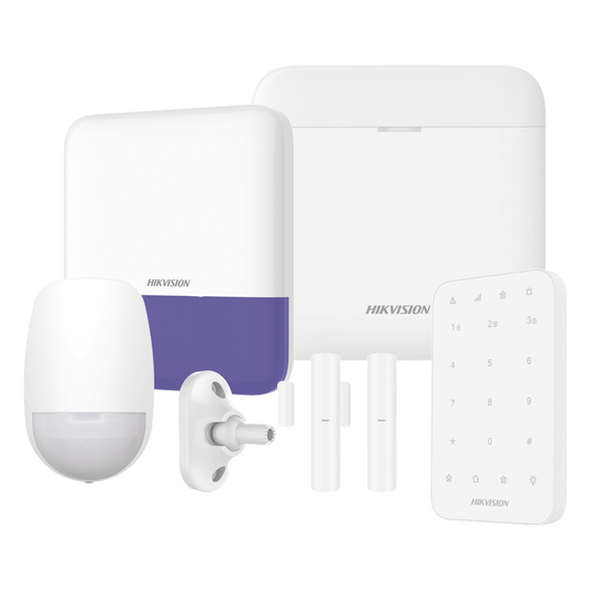 (AX PRO) KIT de Alarma AX PRO / Incluye: 1 Hub con bateria de respaldo / 1 Sensores PIR / 1 Montaje Universal para PIR / 2 Contactos Magnéticos / 1 Teclado / 1 Sirena Inalambrica Exterior / WiFi / Compatible con Hik-Connect P2P