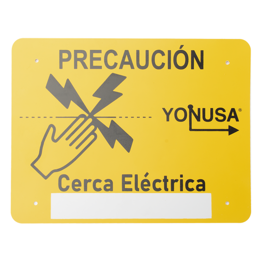 Letrero de PRECAUCION para cercas electrificadas (21.8 x 17 cm) / Estireno Serigrafiado 2 Tintas / Protección UV / 4 Perforaciones