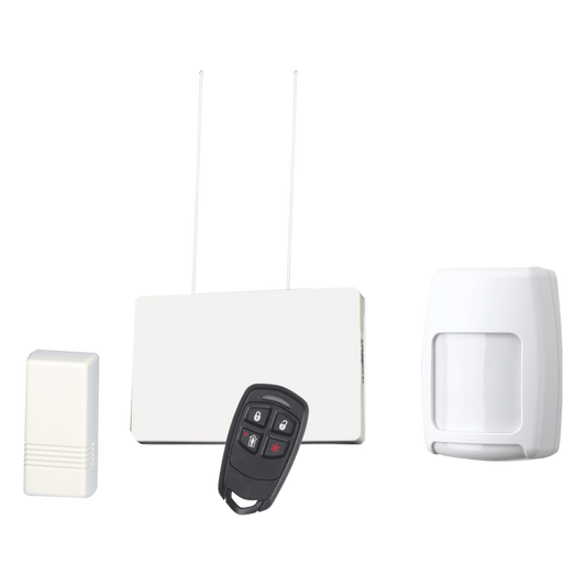 Kit inalámbrico con receptor, contactos magnéticos, detector de movimiento PIR y control remoto de 4 botones para panel de alarma Honeywell serie Vista