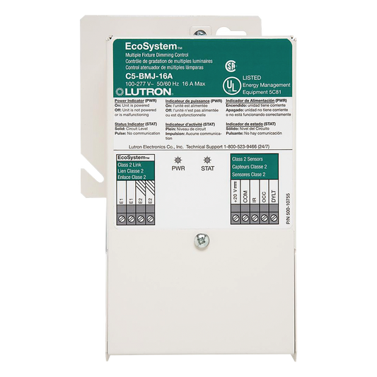 Módulo de atenuación EcoSystem de 16 A para balastros Lutron de 3 hilos Eco-10 y Hi-lume, entrada universal de 100 a 277 V, con soporte para sensores y control personal
