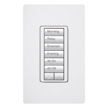 Teclado híbrido C•L de 6 botones con subir/bajar y atenuador integrado de 450 W (100 W en LED/CFL), requiere neutro, para sistema RadioRA 2, color blanco