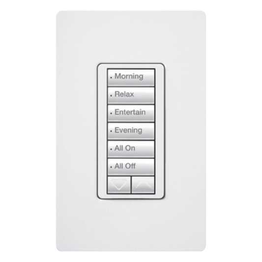 Teclado híbrido C•L de 6 botones con subir/bajar y atenuador integrado de 450 W (100 W en LED/CFL), requiere neutro, para sistema RadioRA 2, color blanco