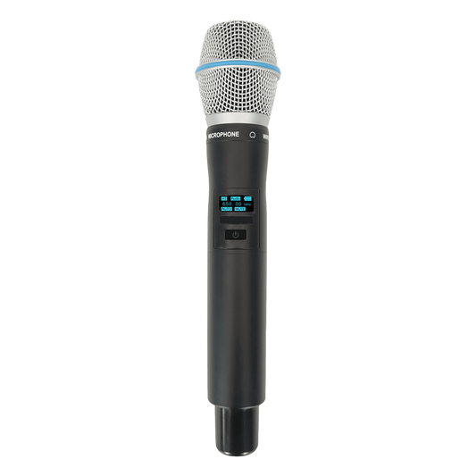 Micrófono Mano Inalámbrico EP-59H | Rango Frecuencia 470-510MHz, 540-590MHz, 640-690MHz, 807-830MHz | Potencia Salida ≥10dBm | Autonomía >10 Horas | Mute Automático por Caída | Display OLED | 7 Niveles Potencia Aju