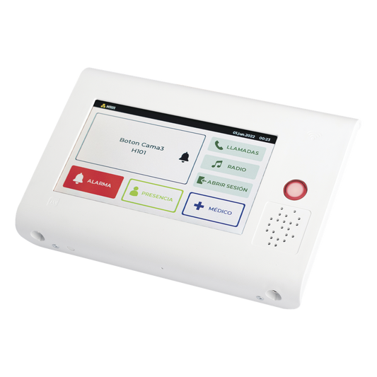 Terminal Inteligente para Habitación Hospitalaria / Pantalla Táctil 7" / RFID 125 kHz / VoIP SIP / PoE IEEE 802.3af / Bus RS485 / Carcasa Antibacteriana