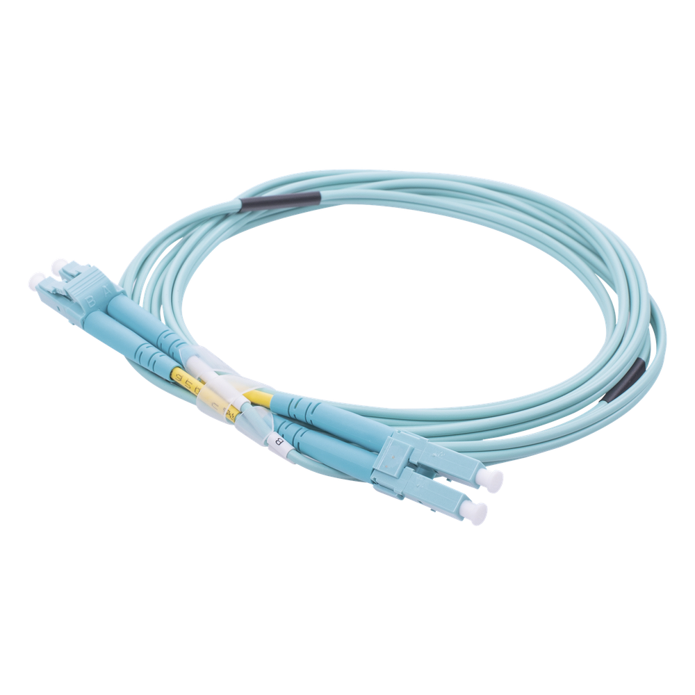 Jumper de Fibra Óptica Multimodo OM3 50/125 LC-LC OFNR (Riser), 2.0 mm, Dúplex, Aqua, 2 Metros (6.56 Pies)
