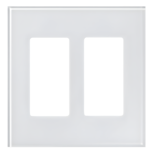 Placa frontal de cristal de 2 espacios para atenuadores, teclados y controles Pico Lutron con apertura tipo Designer, sin tornillos visibles, cristal claro con pintura blanca