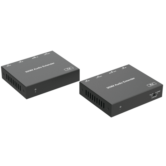 Extensor de Audio | Digital Óptico y Analógico | Transmisión hasta 300 m | Soporte 48/96/192 kHz | Selección de salida en receptor | Función POC bidireccional | Plug-and-Play | Ideal para HDTV, AVR y sistemas multizona