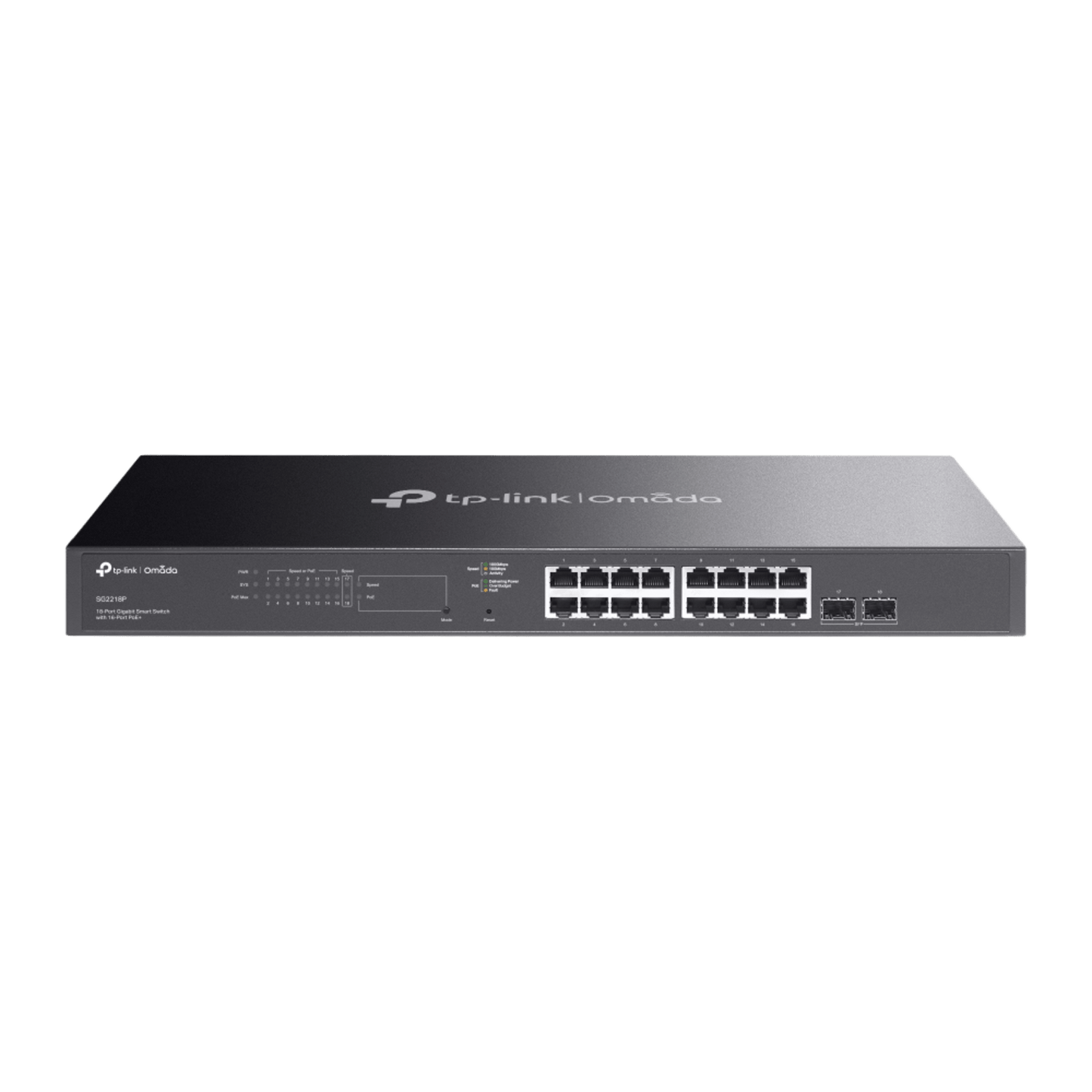 Switch Smart Omada 18 Puertos Gigabit / 16 Puertos PoE+ 802.3af/at / 2 Ranuras SFP Gigabit / Presupuesto PoE 150 W / Switching 36 Gbps / Enrutamiento Estático L2+ / Gestión Cloud SDN / Fanless / Montable en Rack