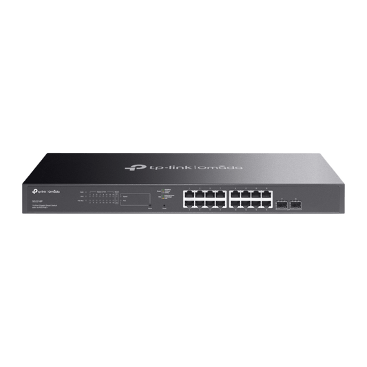 Switch Smart Omada 18 Puertos Gigabit / 16 Puertos PoE+ 802.3af/at / 2 Ranuras SFP Gigabit / Presupuesto PoE 150 W / Switching 36 Gbps / Enrutamiento Estático L2+ / Gestión Cloud SDN / Fanless / Montable en Rack