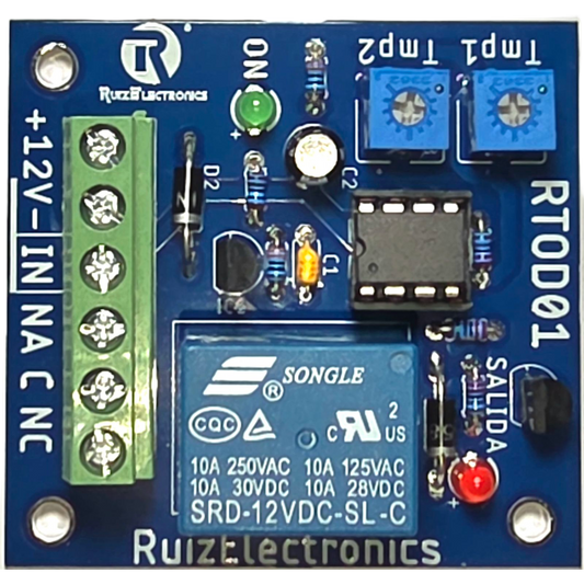 Tarjeta Temporizadora RTOD01 / Retardo 0-60 segundos / Duración 0-60 segundos / Alimentación 12VDC / Salida Relevador NA-NC-C / Indicadores LED