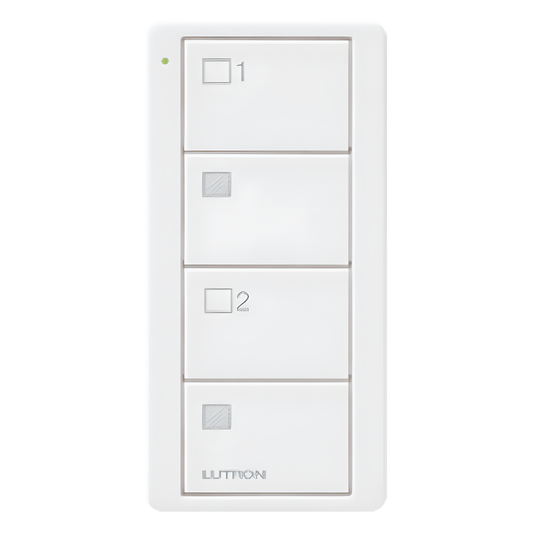 Control Pico inalámbrico de 4 botones para 2 grupos de cortinas o persianas con apertura y cierre por grupo, batería CR2032 de hasta 10 años, color blanco brillante