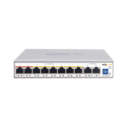 Switch PoE / Administración en la nube / Con 8 puertos 10/100 Mbsp PoE af/at / 2 Puertos Uplink 10/100/1000 Mbps /  Presupuesto 100 W / PoE hasta 250 metros / Soporta protocolo ONVIF