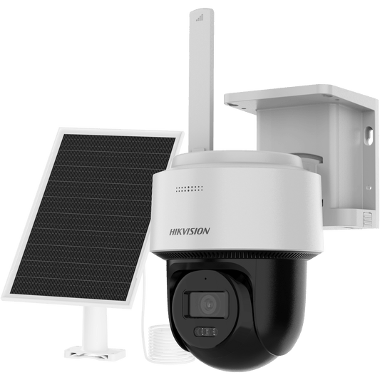 Kit Solar IP All in One / AOV / PT IP 4 Megapixel / Lente 2.8 mm / Panel Solar + Batería de Respaldo de Litio (9000 mAh) / Conexión 4G / Audio de Dos Vías / Dual Light / IP66 / Micro SD