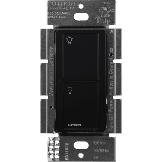 Interruptor de pared inalámbrico on/off de 2 botones, 5 A para LED/CFL, voltaje dual 120/277 V sin cable neutro, compatible con control Pico y sensores Radio Powr Savr