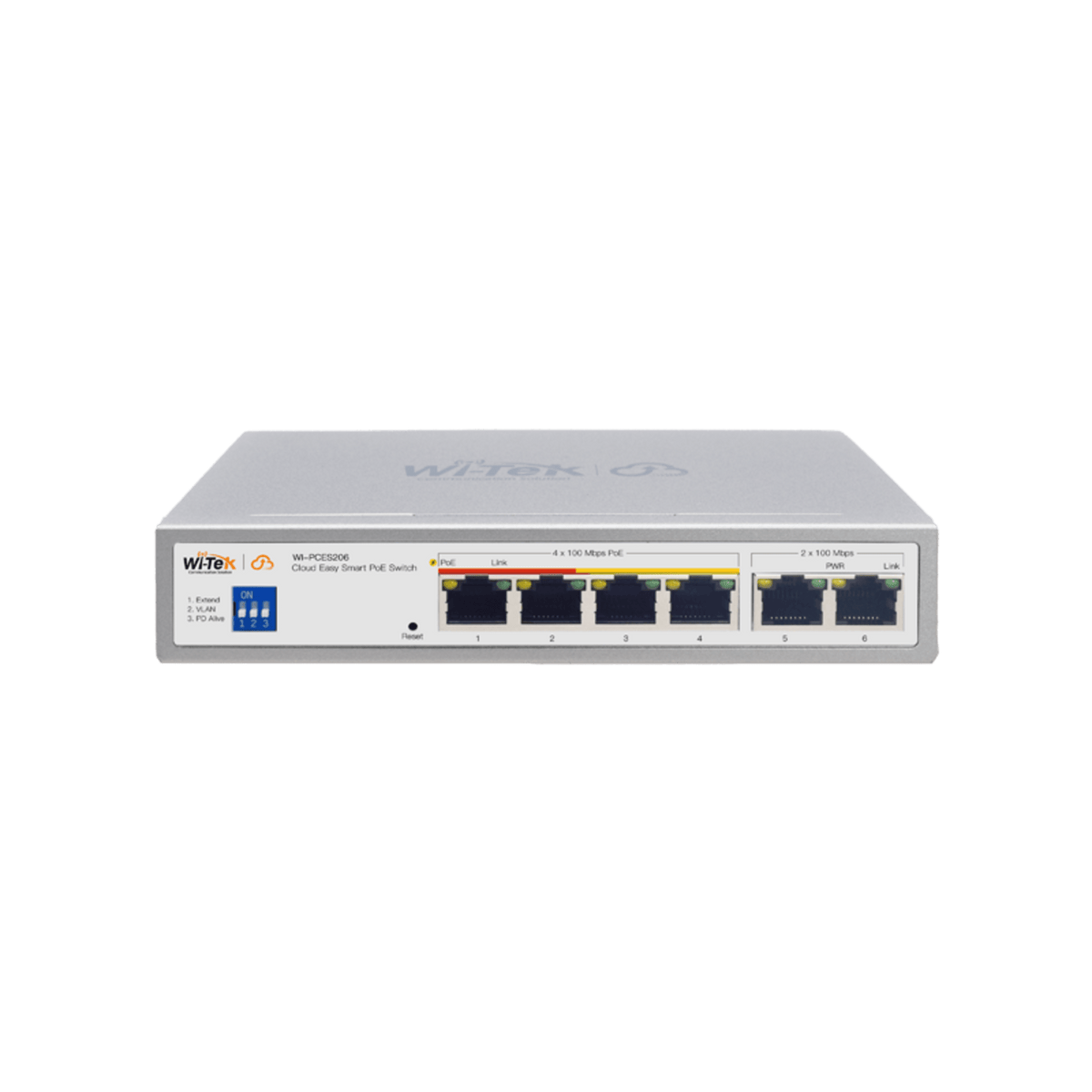 Switch PoE / Administración en la nube / Con 4 puertos 10/100 Mbsp PoE af/at / 2 Puertos Uplink 10/100 MBPS /  Presupuesto 60 W / PoE hasta 250 metros / Soporta protocolo ONVIF