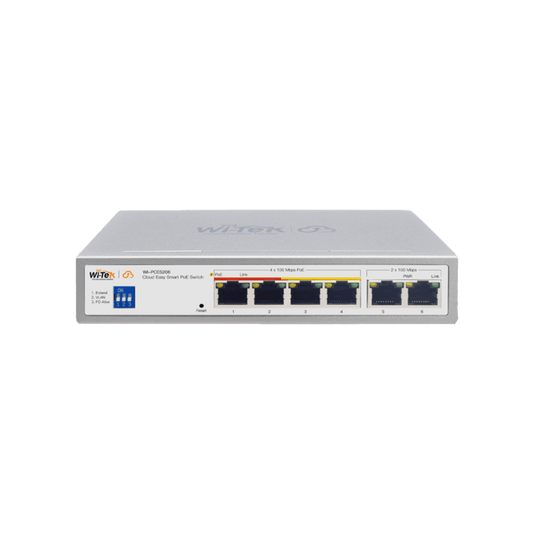 Switch PoE / Administración en la nube / Con 4 puertos 10/100 Mbsp PoE af/at / 2 Puertos Uplink 10/100 MBPS /  Presupuesto 60 W / PoE hasta 250 metros / Soporta protocolo ONVIF