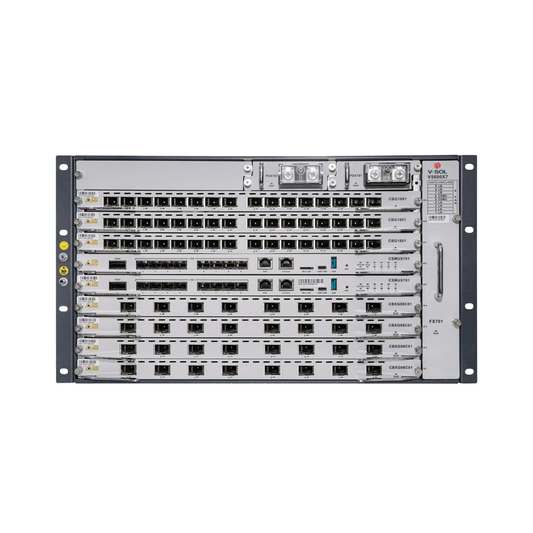 OLT Modular tipo Chasis GPON/XGS-PON Combo, 7 Ranuras de Servicio, Incluye 1 Tarjeta de Servicio de 16 puertos GPON
