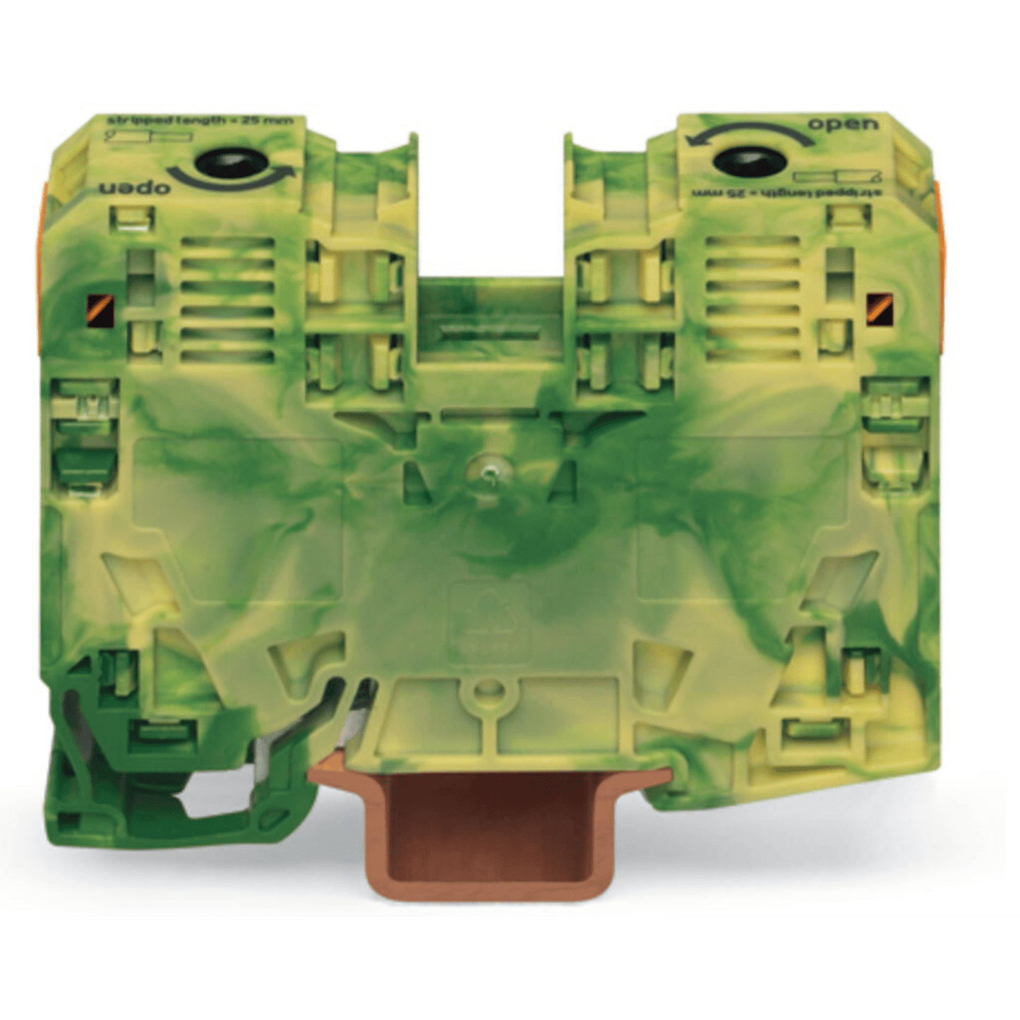 Borna de Tierra, 2 Conductores 35 mm², POWER CAGE CLAMP, Poliamida PA66, Montaje Carril DIN 35x15, Verde-Amarillo, Aplicaciones Ferroviarias y Marinas