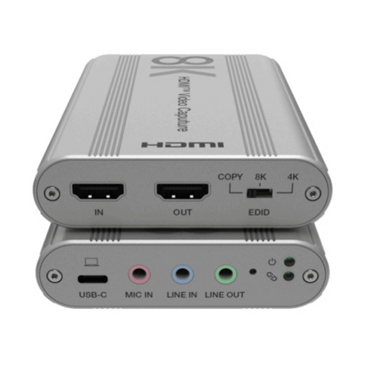 Tarjeta de Captura HDMI 8K a USB 3.2 Gen 1 | Resolución 8K@60Hz y 4K2K@144Hz | Ancho de Banda 48Gbps | Mezcla de Audio HDMI-Micrófono-Línea | Compatibilidad Multiplataforma Windows-macOS-Linux | Carcasa de Aluminio Plateado