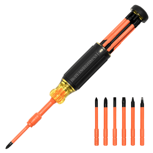 Destornillador Aislado 6-en-1 Auto-Lock / Aislado 1000V CAT III / Almohadilla de agarre / Almacenamiento de brocas integrado / Bits Philips #1 #2 / Slotted 3/16" 1/4" / Square #1 #2