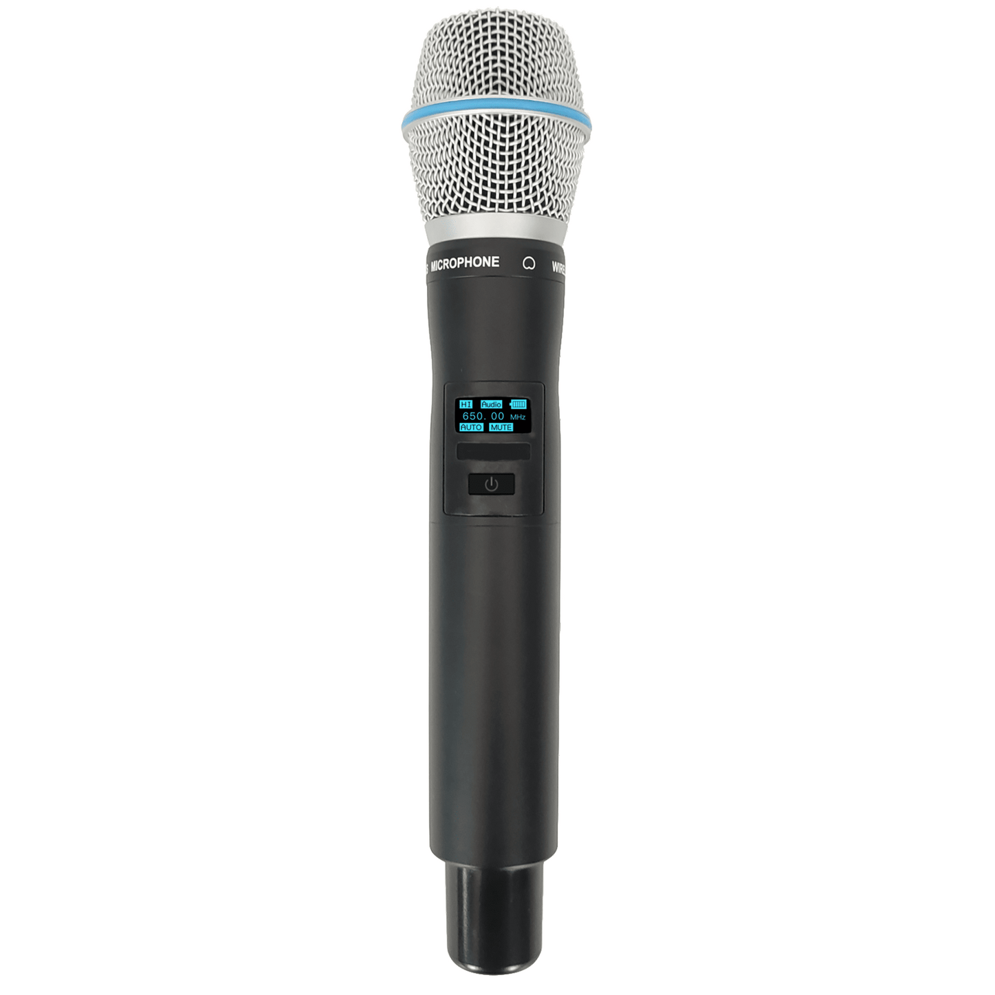 Micrófono Mano Inalámbrico EP-59H | Rango Frecuencia 470-510MHz, 540-590MHz, 640-690MHz, 807-830MHz | Potencia Salida ≥10dBm | Autonomía >10 Horas | Mute Automático por Caída | Display OLED | 7 Niveles Potencia Aju