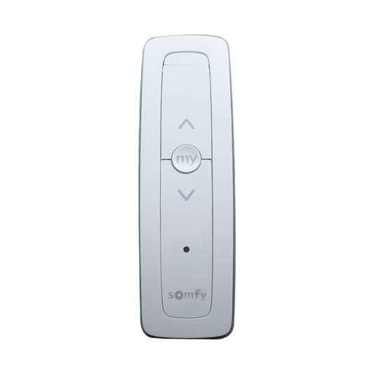 Control remoto 1 canal para motores de persiana Somfy con señal inalámbrica, instrucciones: sube, baja y detener, con posición favorita programada.
