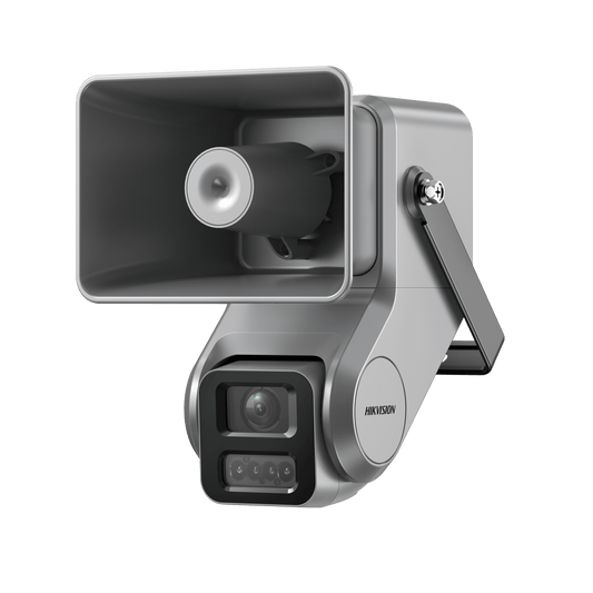 Cámara IP 4 Megapixel + Bocina IP Integrada / Lente Motorizado 2.8 a 12 mm / 7 Watts de Potencia / Exterior IP67 / PoE+ / Metal / DualLight (50 mts IR 20 mts Luz Blanca) /2 Micrófonos Integrados / MicroSD