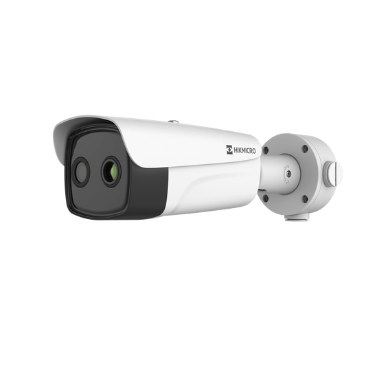 Cámara Bullet Dual Térmica y Óptica/ 256×192 Térmico + 5MP Óptico / IA para Detección Humana y Vehicular / Medición Temperatura -20°C a 150°C / Detección Fuego y Fumadores / IP67