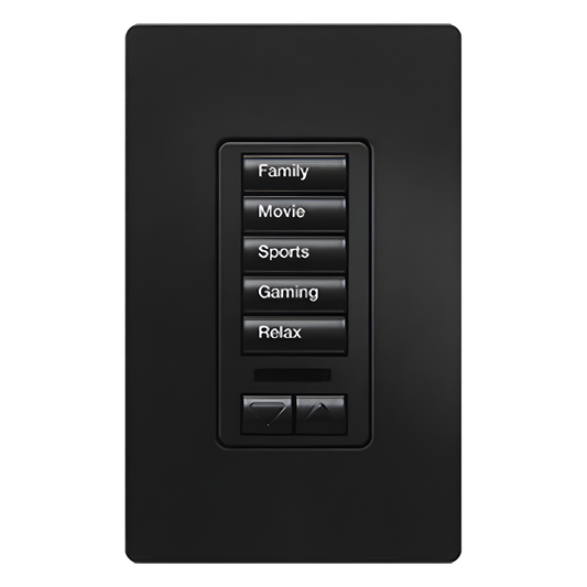 Teclado de pared para RadioRA 2 con 5 botones programables y par de botones subir/bajar, retroiluminado y grabable, para control de iluminación y cortinas, color Midnight